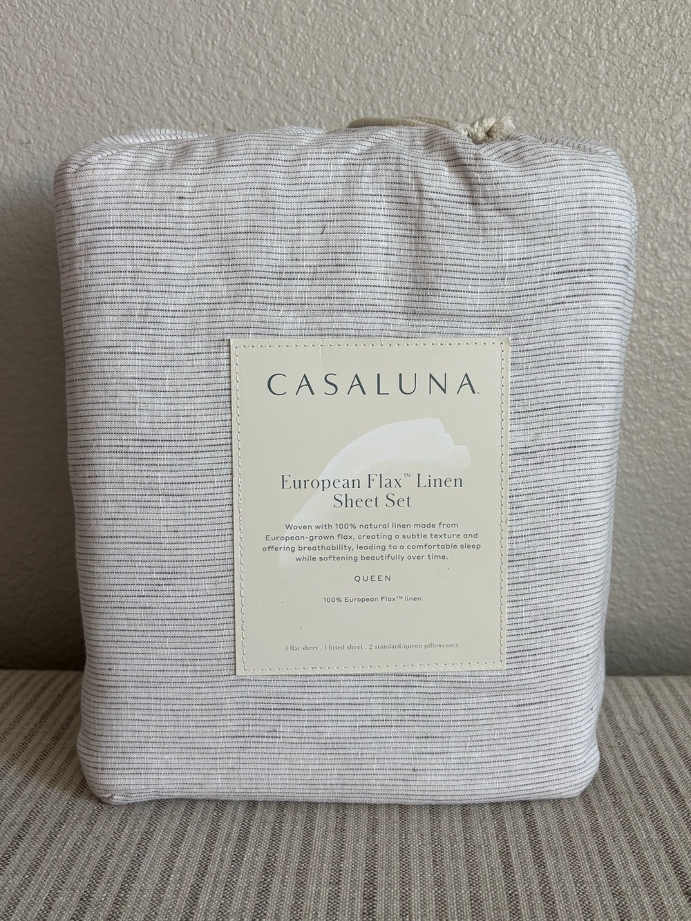 NWT Queen 100% Linen Sheet Set Gray Micro Stripe - Casaluna